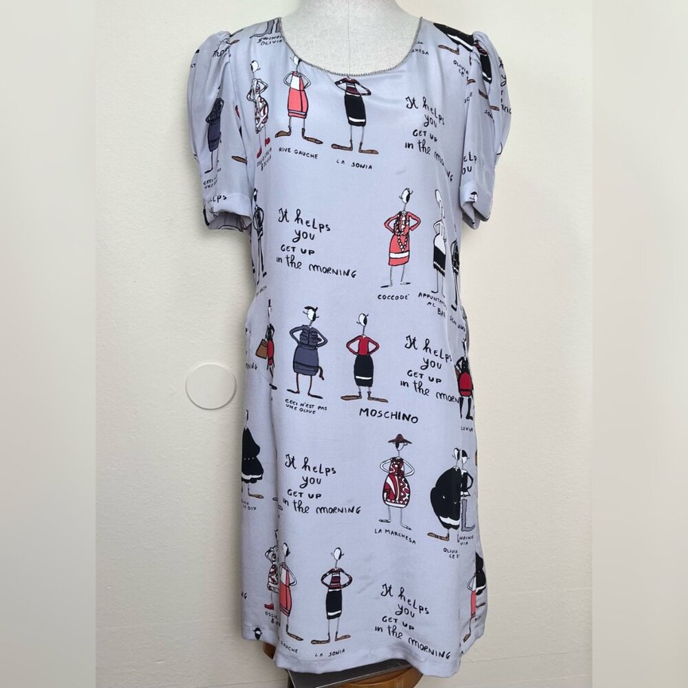 MOSCHINO 100% Silk Gray Cartoon Print Short Sleeve Shift Dress Size 4
